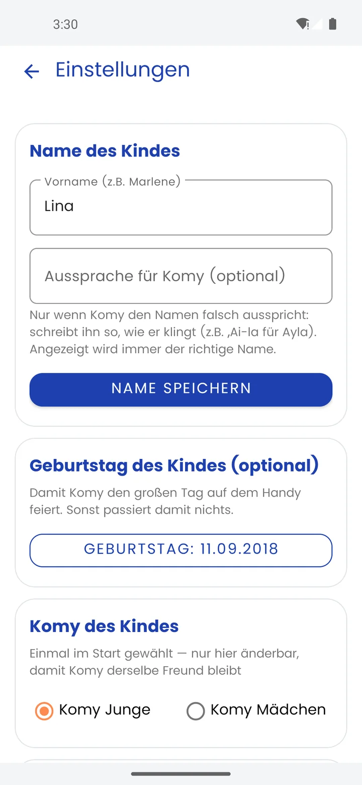 Einstellungen: Name des Kindes