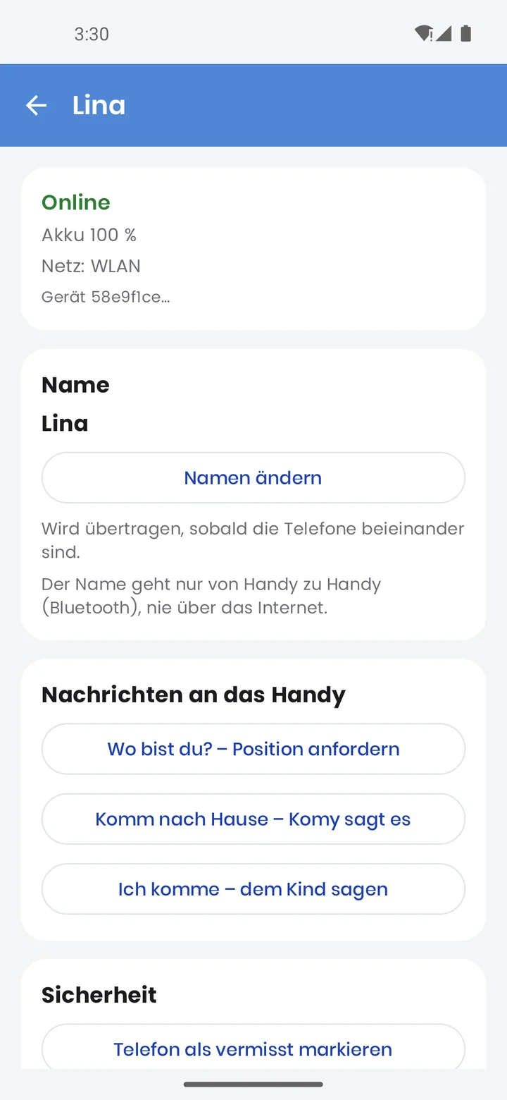 Seite des Kinderhandys in der Eltern-App