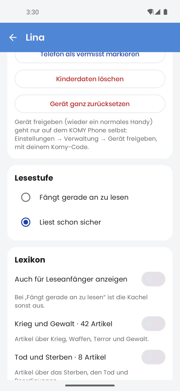 Seite des Kinderhandys: Sicherheit, Lesestufe und Lexikon-Freigaben