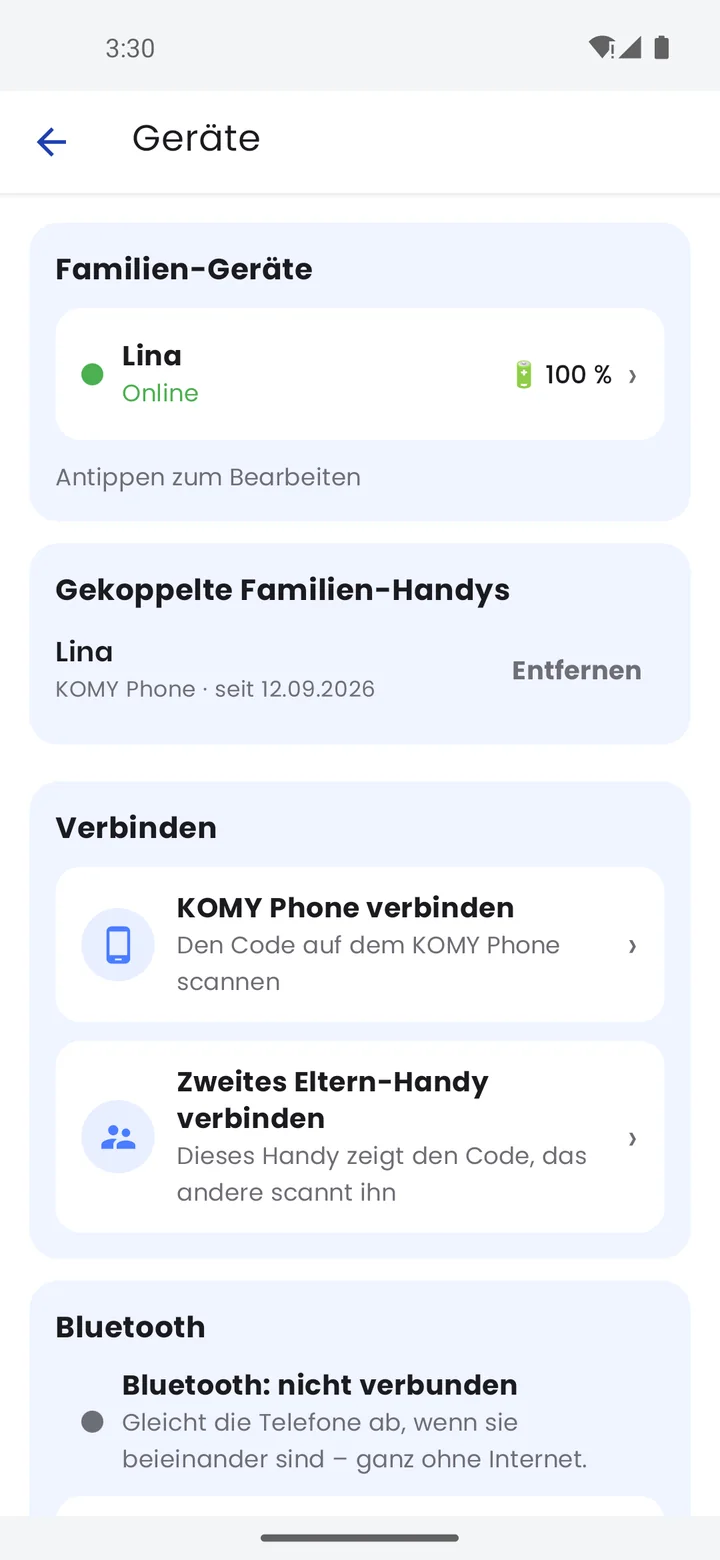 Bildschirm Geräte in der Eltern-App: Familien-Geräte, gekoppelte Familien-Handys, Verbinden, Bluetooth
