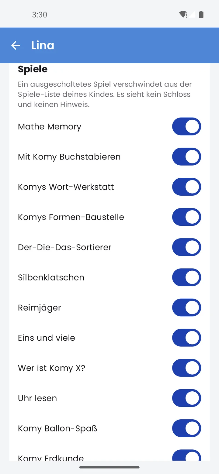 Abschnitt Spiele in der Eltern-App: ein Schalter pro Spiel