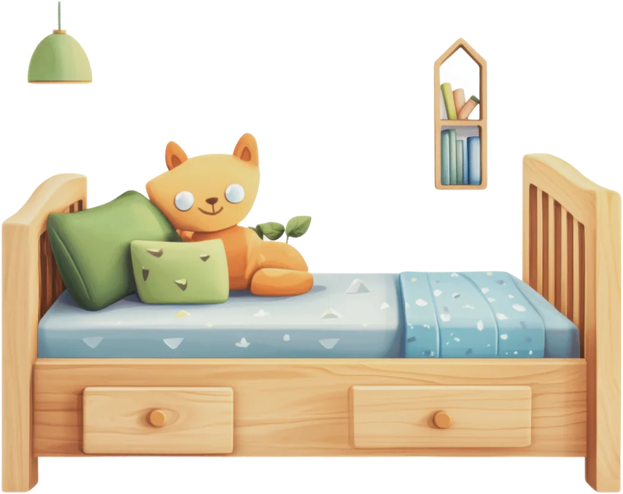 Komy schläft in einem kleinen Holzbett unter einer grünen Decke.