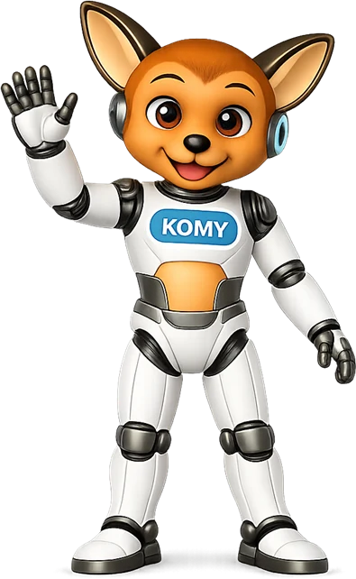 Komy, ein kleiner Fuchs im weißen Raumanzug, winkt.