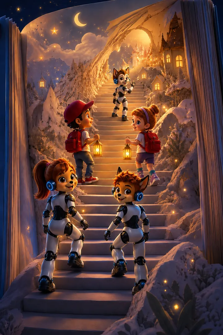 Ein aufgeschlagenes Buch, aus dem eine Treppe in eine verschneite Nachtlandschaft führt. Die beiden Komys und zwei Kinder mit Laternen steigen hinauf.
